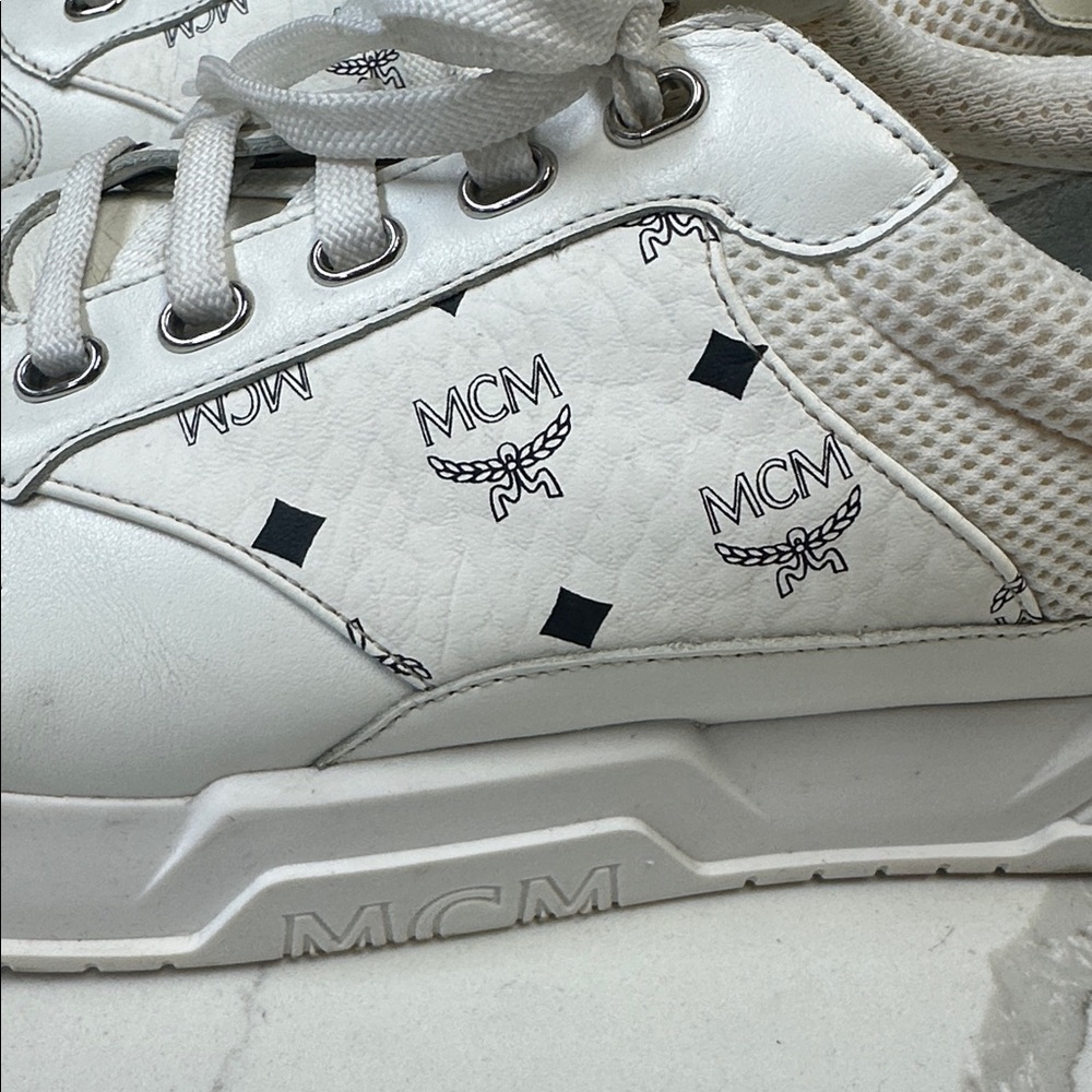 MCM Skyward Low-top Basketball Sneakers White Visetos Leather EU 43 US 10 - Picture 3 of 14